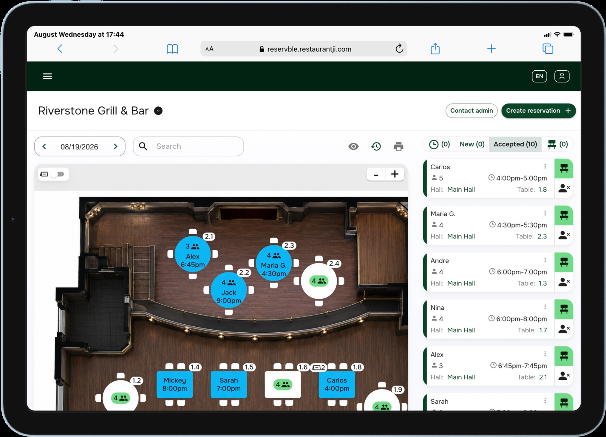 Reservation dashboard — interactive floor plan with live table statuses and the day's bookings
