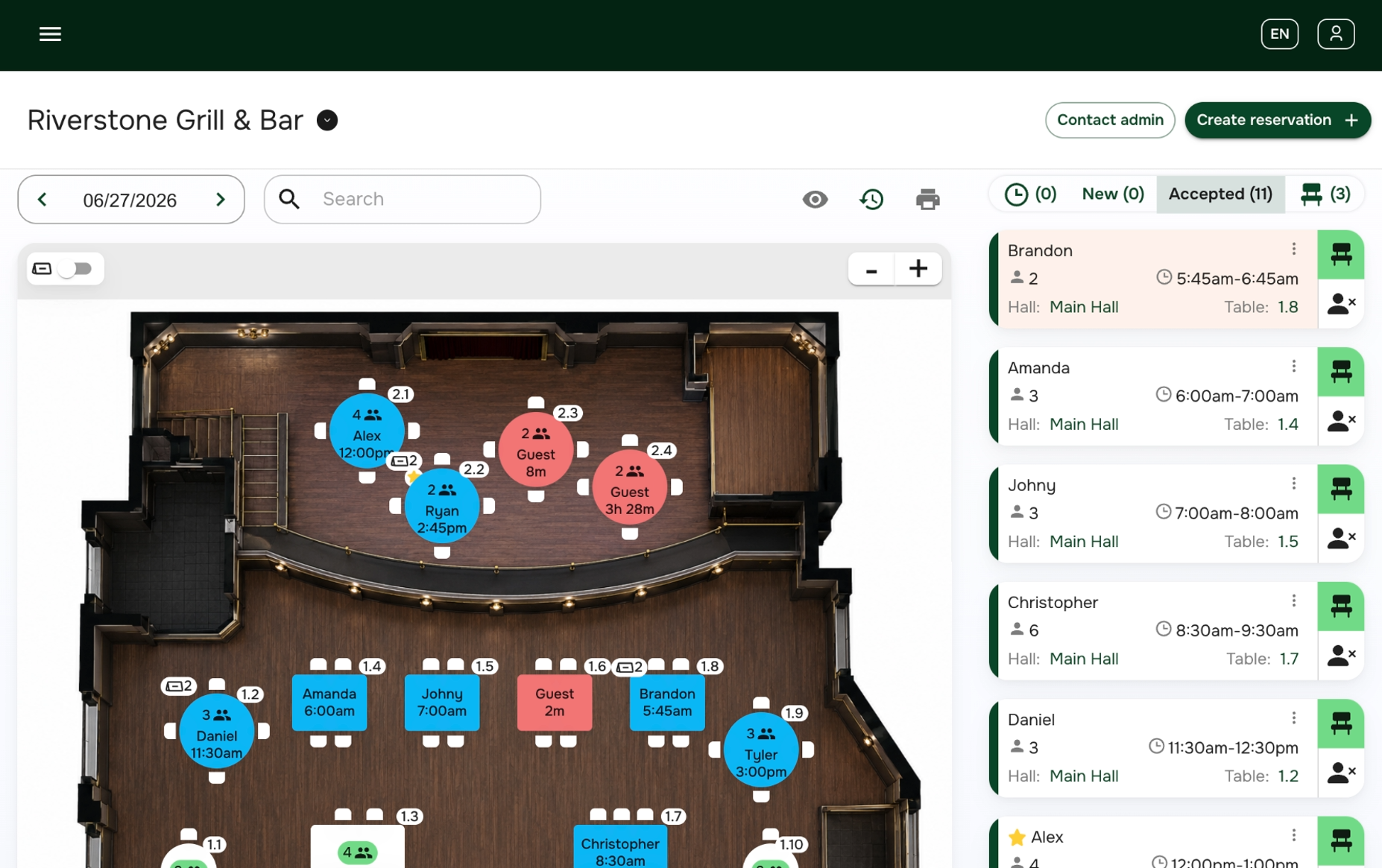 Reservation dashboard — interactive floor plan with live table statuses and the day's bookings